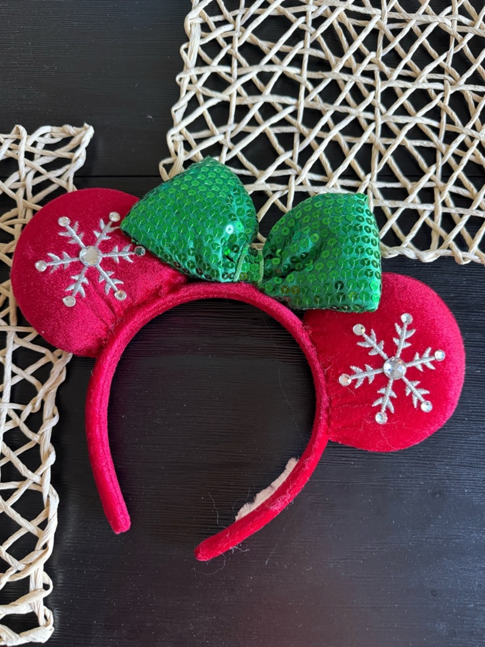 Disney Red Velvet Minnie Ears Headband with Green Sequin Bow